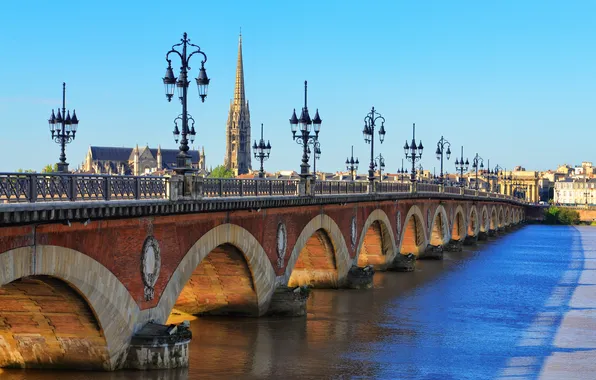 Bridge, river, France, tower, lights, Sunny, Bordeaux