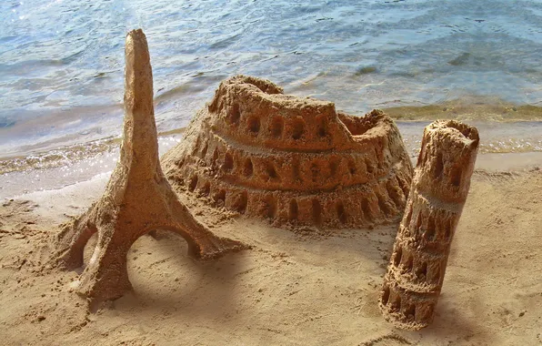 Sand, beach, Colosseum, Italy, The leaning tower of Pisa