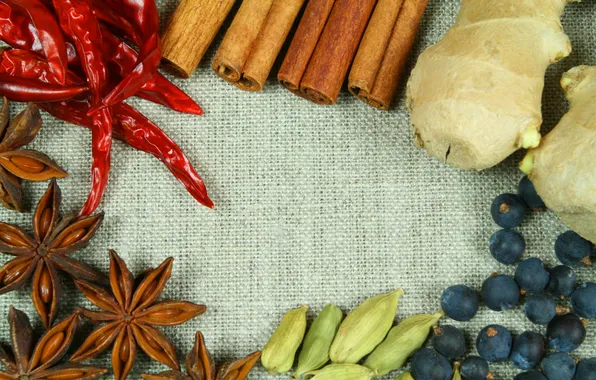 Cinnamon, ginger, star anise, red pepper