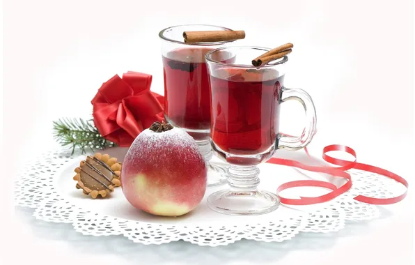 Picture Apple, cookies, glasses, drink, cinnamon, bow, napkin, star anise