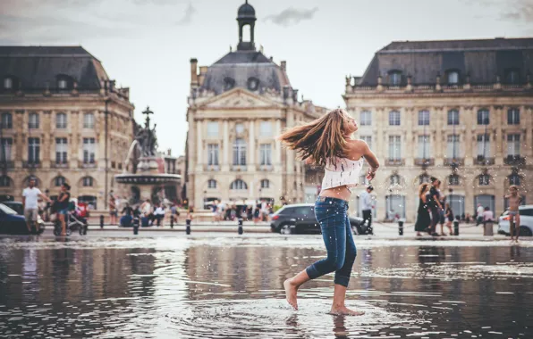 Water, girl, the city, mood, France, Bordeaux, Square-a fountain Water Mirror, The stock exchange square
