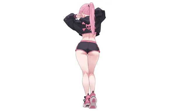 Picture ass, pink hair, ponytail, standing, thighs, arms up, bare midriff, bluefield