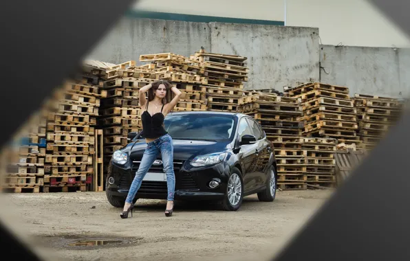 Picture look, girl, Ford, Girls, black car, pallets