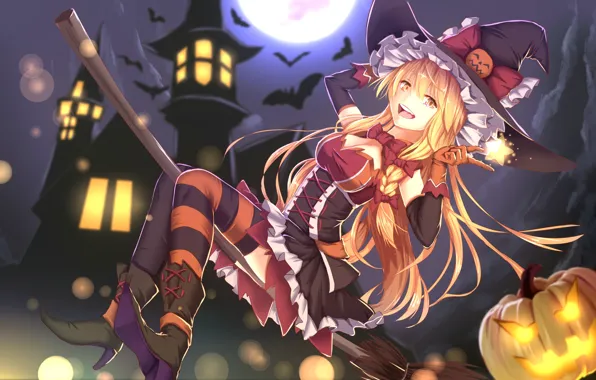 Flight, night, smile, castle, boots, pumpkin, Halloween, corset