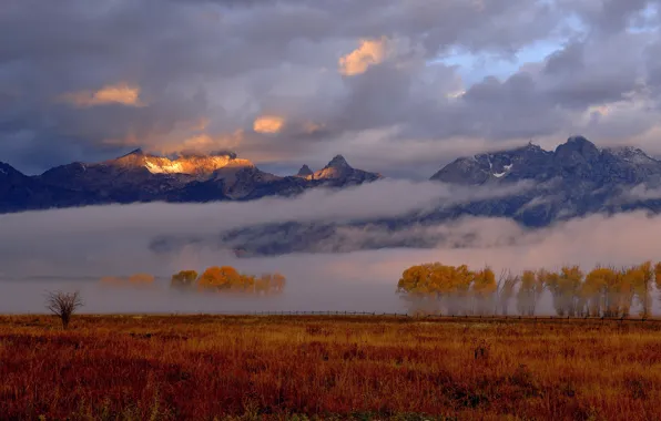 Picture autumn, the sky, light, mountains, fog, morning
