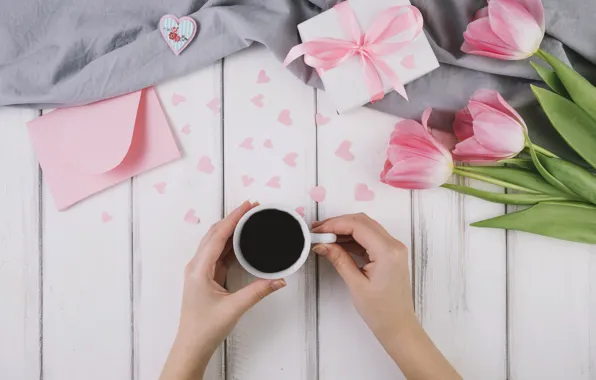 Holiday, gift, tulips, wood, the envelope, coffee cup, decoration, Mothers day