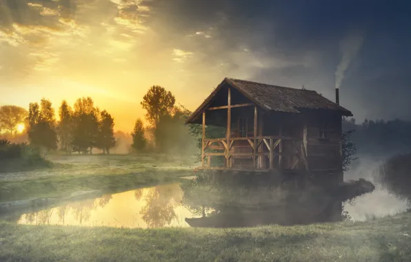 Picture nature, fog, river, smoke, home