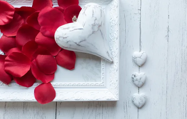White, stones, heart, petals