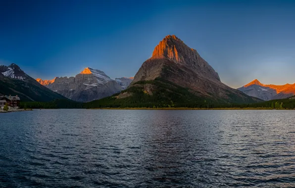 Autumn, forest, the sky, trees, sunset, mountains, lake, rocks