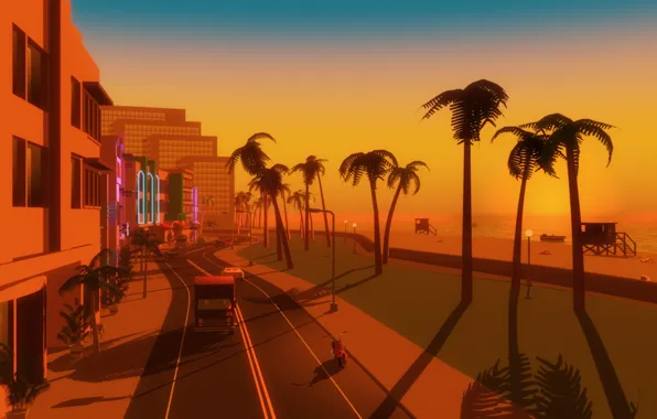 Sunset, Sea, Beach, Miami, The city, Neon, Street, Machine