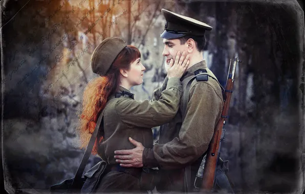 Picture girl, retro, photo, guy, vintage, military uniform, filter, tunic