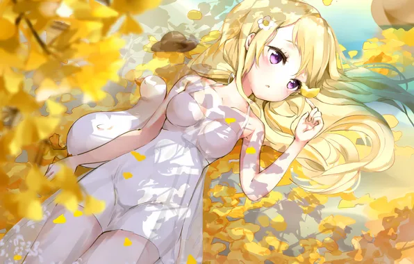 Girl, cleavage, flower, long hair, dress, boobs, anime, beautiful