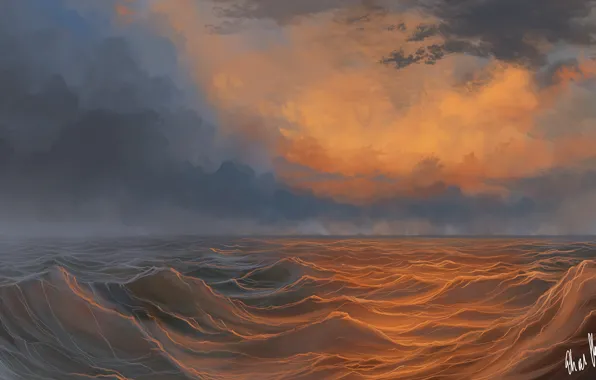 Sea, wave, clouds, rain, art, painted landscape