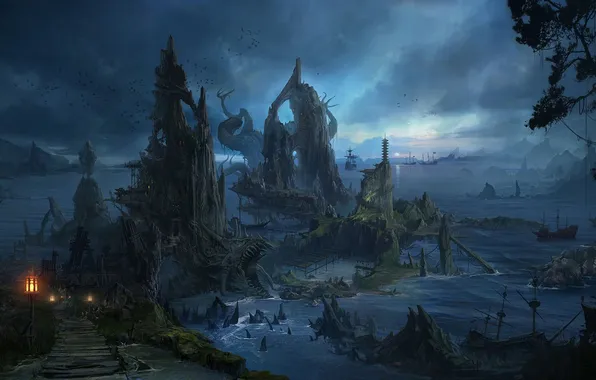 Sea, night, rocks, bird, ship, island, art, lights