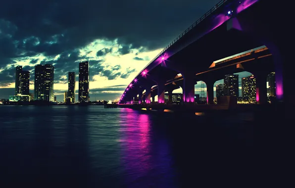 Night, bridge, the city, FL, Miami, Florida, Miami