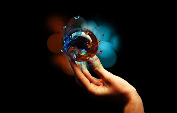 BACKGROUND, BLACK, BUTTERFLY, BALL, GLASS, HAND