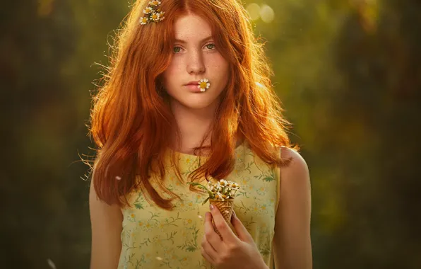 Picture look, girl, flowers, portrait, chamomile, red, Evgeny Loza