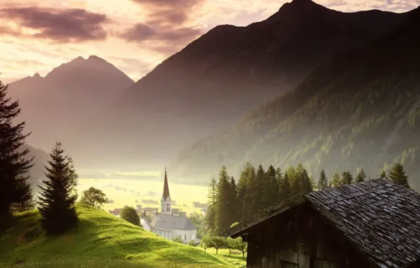 The sky, mountains, mountain, valley, the barn, Church