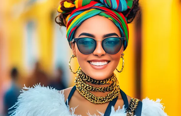 Girl, decoration, smile, portrait, fur, chain, bright colors, shawl