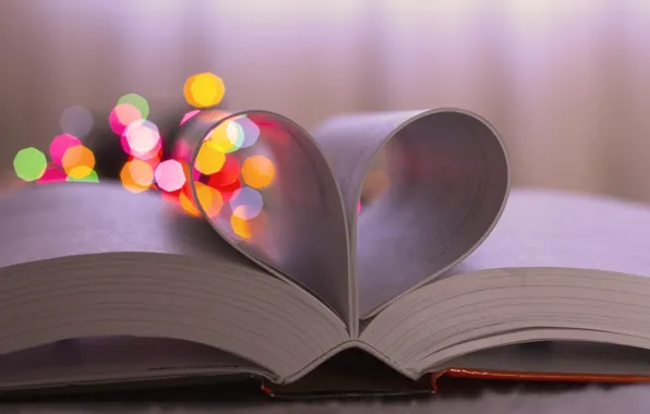 Lights, heart, book, heart, owner, page, bokeh