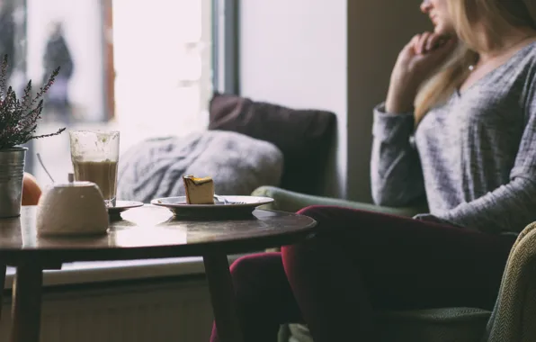 Picture room, cake, girl, reverie, table, coffee