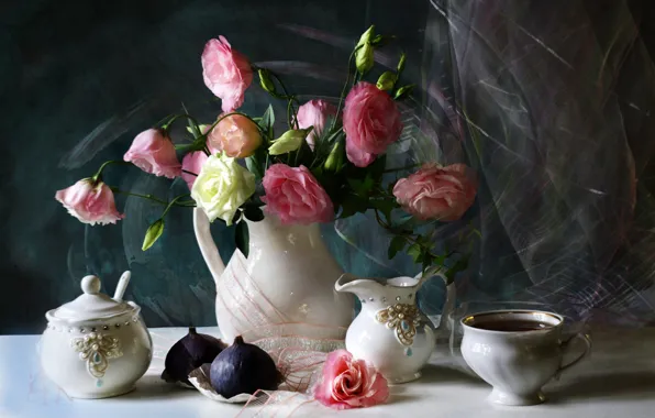 Flowers, table, tea, roses, bouquet, Cup, dishes, fabric