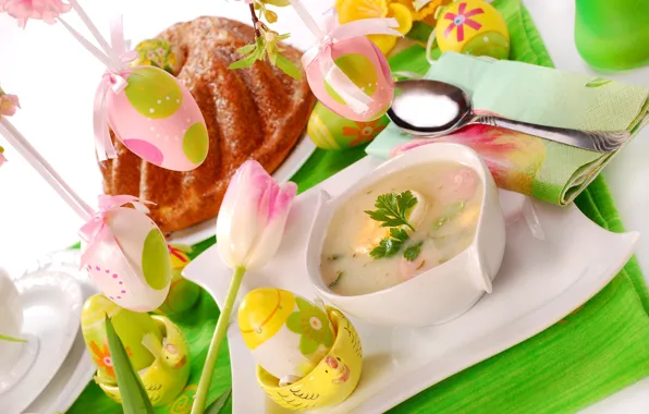 Flowers, table, eggs, Easter, soup, cake, decor, serving