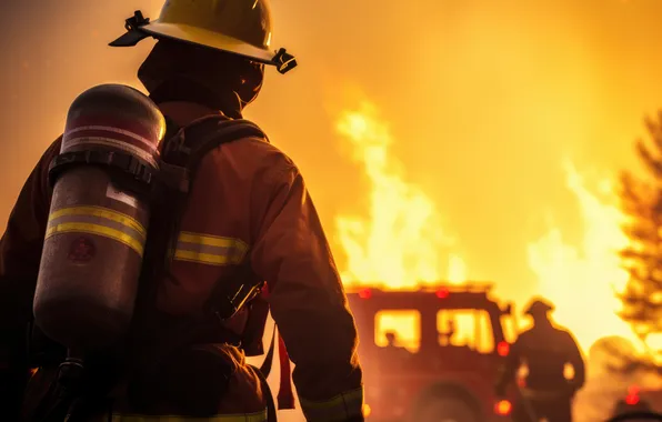 Trees, Smoke, Fire, Machine, Fire, Truck, Men, Digital art