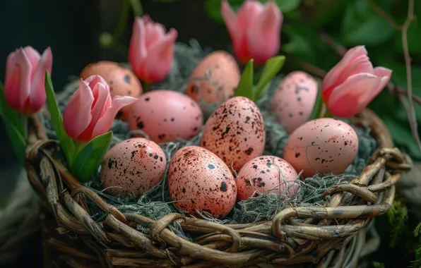 Flowers, holiday, eggs, bouquet, Easter, tulips