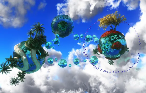 The sky, water, clouds, fantasy, tree, bird, the world, planet