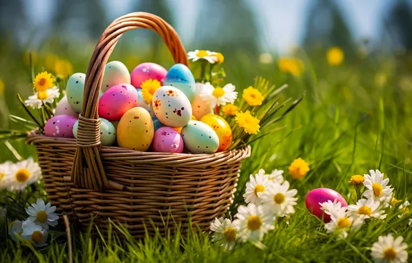 Flowers, basket, glade, eggs, spring, colorful, Easter, happy