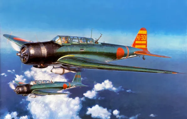 Picture the sky, clouds, figure, art, aircraft, WW2, type 97, Nakajima B5N