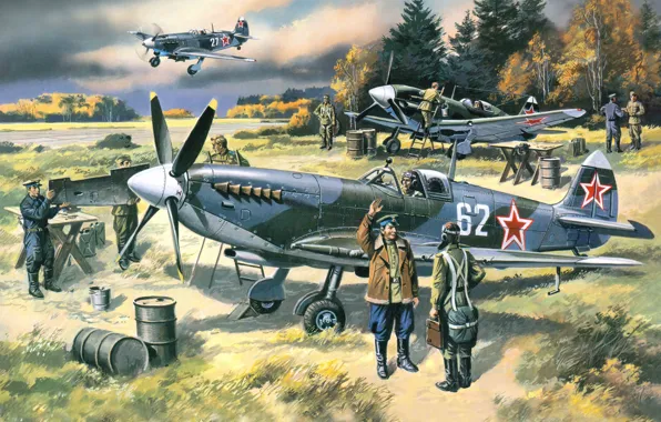 Picture the plane, fighter, art, USSR, the airfield, English, WWII, Spitfire