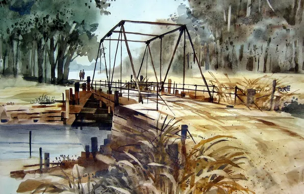 Picture bridge, river, watercolor