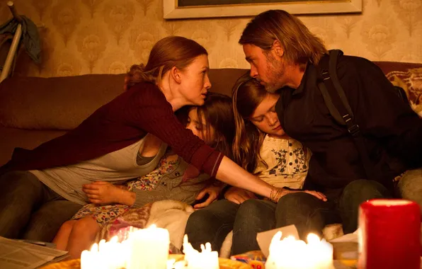 Picture woman, girls, candles, family, male, Brad Pitt, World war Z, World War Z