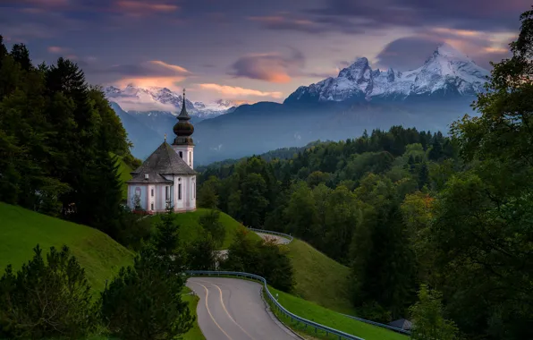 Road, forest, mountains, Germany, Bayern, Church, Germany, Bavaria