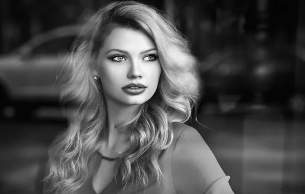 Picture girl, portrait, makeup, hairstyle, blonde, black and white, bokeh, Ekaterina