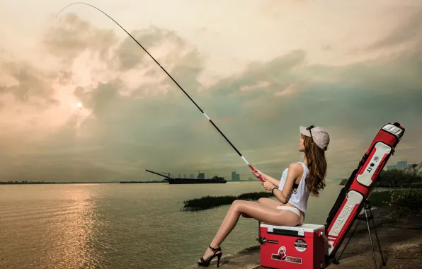 Girl, face, fishing, figure, heels, cap, legs, box
