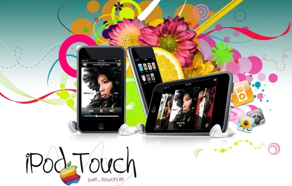 Flowers, apple, headphones, art, Hi-Tech, mobile, iPod Touch