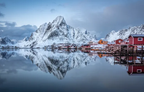 Winter, the sky, water, clouds, snow, mountains, reflection, rocks