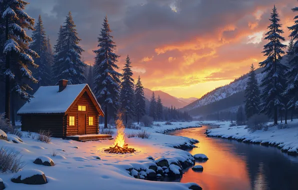 Winter, forest, snow, mountains, river, tree, house, house