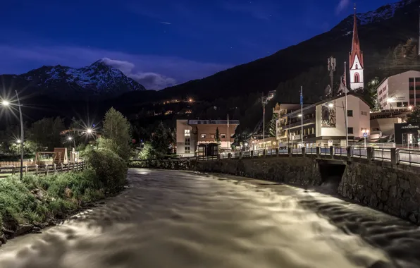 Night, lights, river, home, Austria, Tyrol, Sölden