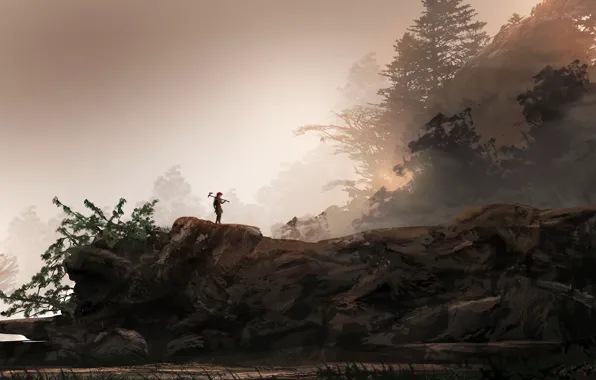 Picture forest, trees, fog, rocks, people, warrior, art, axe