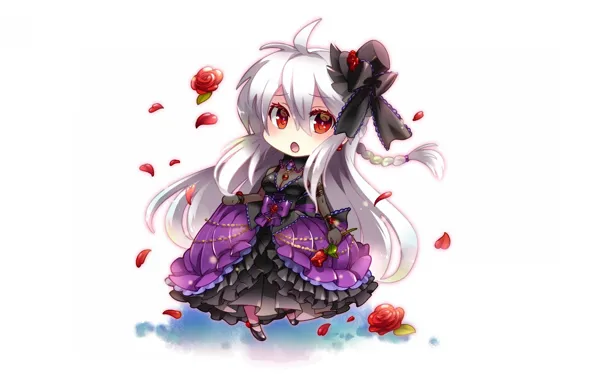 Petals, white background, hat, bow, Chibi, pigtail, ruffles, red roses