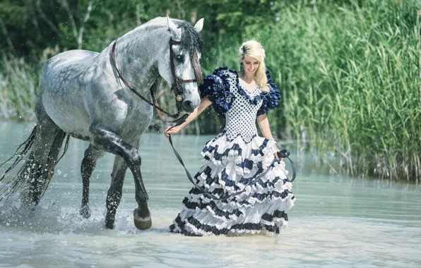 Picture water, girl, mood, horse, dress, reed, walk