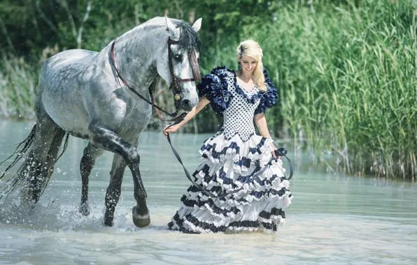 Water, girl, mood, horse, dress, reed, walk