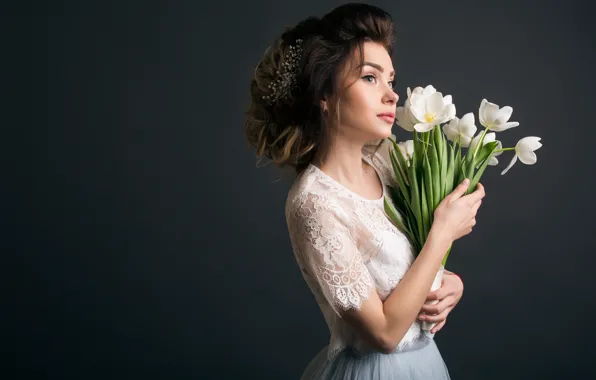 Look, girl, flowers, pose, the dark background, white, bouquet, hands