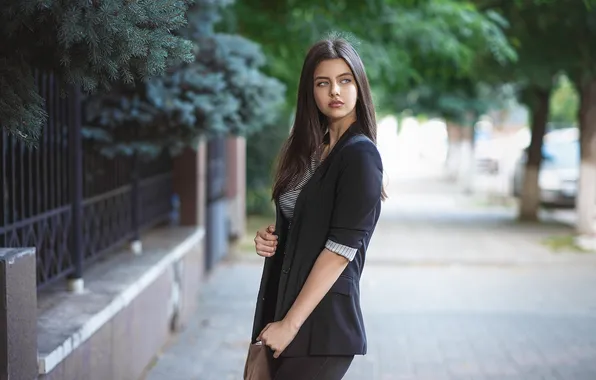 Trees, pose, model, the fence, portrait, makeup, hairstyle, brown hair