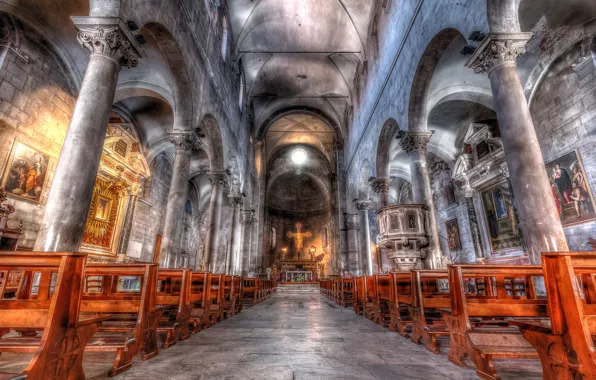 Picture hdr, Italy, columns, architecture, religion, Tuscany, the nave, Lucca