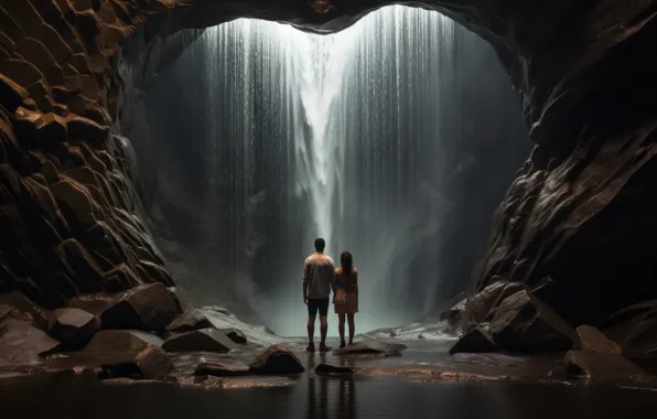 Summer, girl, waterfall, dress, pair, male, cave, the grotto